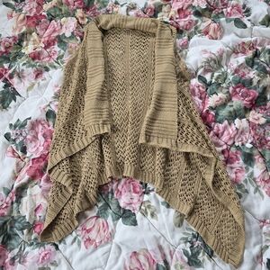 Boho Open Knit Sleeveless Cardigan Tan Waterfall Vest M